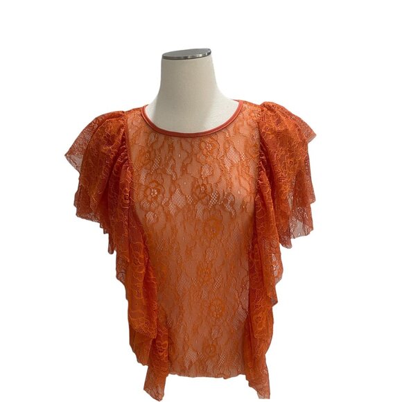 Haute Monde Orange Lace Flutter Sleeve Sheer Blouse Summer Romantic M - Picture 5 of 10